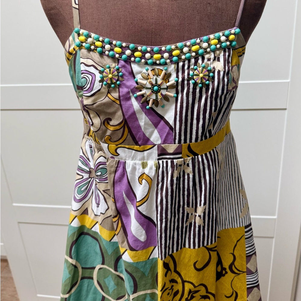 CAbi Patchwork Beaded Sundress Boho Floral Patchwork Print Sun Dress Size 6 - Picture 3 of 13